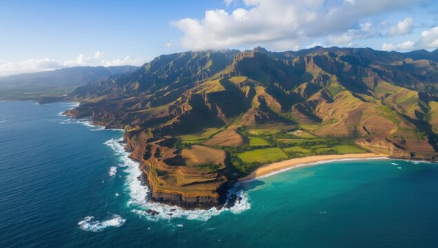 Aerial video showcases Secret Island and Kualoa Ranch's stunning coastline and peaks, renowned from Jurassic Park on Oahu.