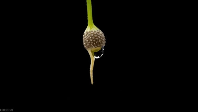 Close-up shot of sprouting chia seed with root and water droplet. Simple image depicting early plant development on a dark backdrop.