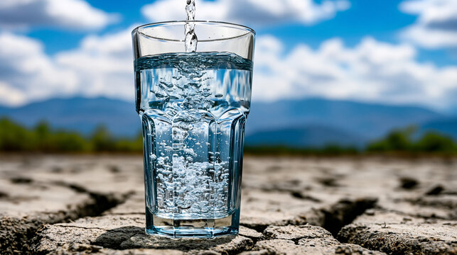 Fresh drinking water being poured into a clear glass against a backdrop of cracked dry earth