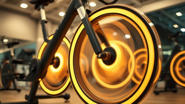 Spinning exercise bike wheels creating circular light trails in a gym.