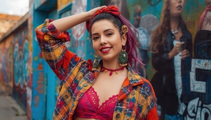 Naklejka premium Confident young Hispanic woman with a gap in her teeth, showcasing a vibrant and unique fashion sense, embracing individuality and body positivity.