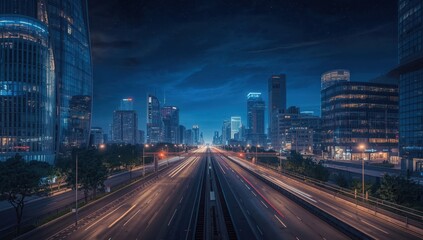 Fototapeta premium Breathtaking urban skyline at night featuring contemporary architecture and a clear road.