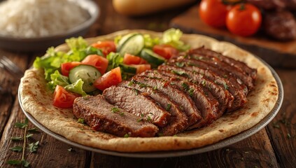 Naklejka premium Isolated plate of lavash zurna doner kebab, shawarma, Hatay-style chicken doner wrap, doner in gobit bread, and iskender doner kebap over rice.