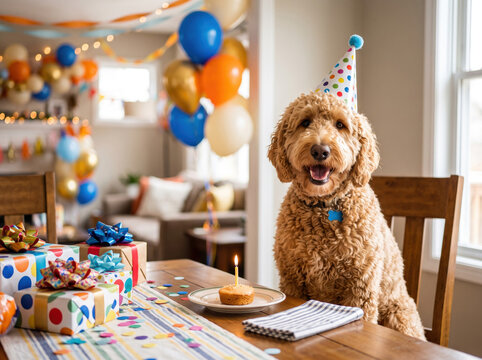 Cute goldendoodle dog wearing a party hat at a birthday celebration at home