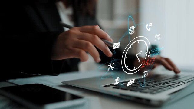 Person using laptop with digital icons representing customer service and support available 24-7 for online business communication and engagement. Entropy.