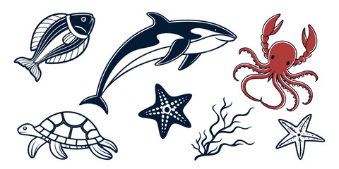 Set of eight sea animal fish, dolphin, shark, octopus, crab, seahorse, jellyfish © Abu