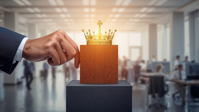Idea of an effective business leader. A hand supports a wooden block on a pedestal with a crown symbolizing leadership and exceptional career skills.
