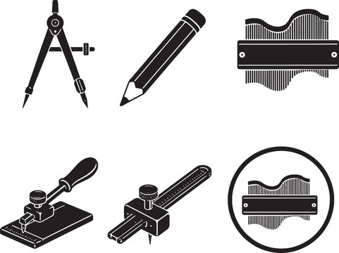 Floor Layout and Scribing Tools Black Silhouette Vector Icon Set Contour Gauge Scribing Compass Tile Scriber and Marking Gauge