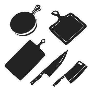 Black silhouette set of fishing nets, rod, hook, and sinkers on white background