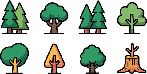 Flat Green Tree and Pine Forest Icon Set with Deciduous Foliage, Coniferous Plants, and Stump for Environment, Nature, and Forestry Vector Designs © SARIFA