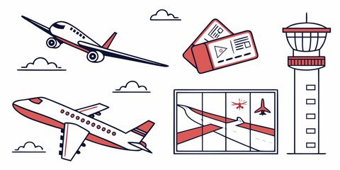Set of eight airplane jet, fighter jet, biplane, and more propeller plane hot air balloon © Abu