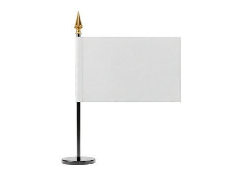 Blank white table flag mockup on black stand with gold finial, empty miniature desk flag for branding, small desktop flag template isolated on white background for corporate identity