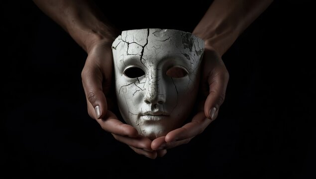 Hands grasping a fractured classical mask in low light. Theme of psychological issues, bipolar disorder, or depression.