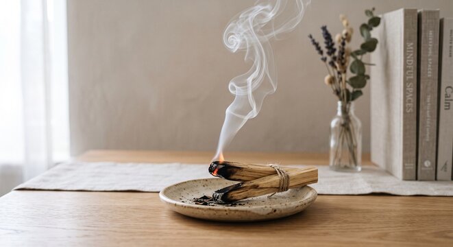Burning Palo Santo smudge stick with calm smoke on a wooden table for mindfulness and meditation
마음챙김과 명상을 위해 나무 테이블 위에서 차분한 연기를 내며 타오르는 팔로산토 스머지 스틱