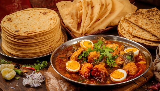 Cold chicken with Kerala layered flatbreads, served with spicy Asian curry. Indian cuisine.