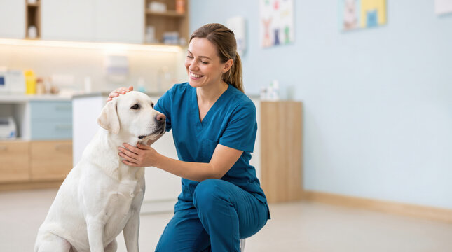 Friendly female veterinarian petting a cute dog in a modern veterinary clinic