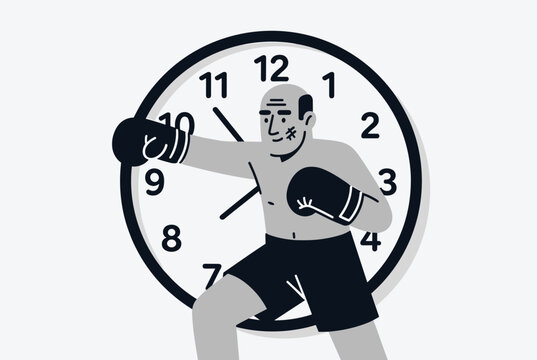 Determined boxer in gloves fighting against a large clock background representing time management and deadlines.