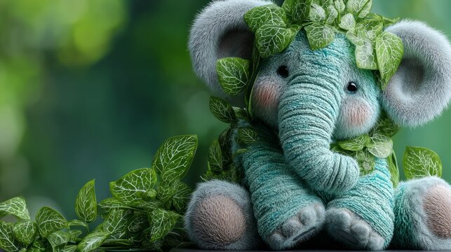 Adorable handmade blue elephant toy wrapped in yarn with green leaf