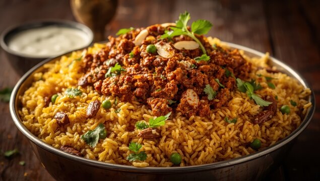 Minced lamb, goat, or chicken biryani - flavorful and spicy, cooked with aromatic spices and basmati rice, served in a karahi with yogurt.