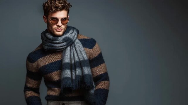 A young man stands in a trendy outfit featuring a striped sweater and a warm scarf. He displays a confident pose and fashionable sunglasses, showcasing his unique style indoors.