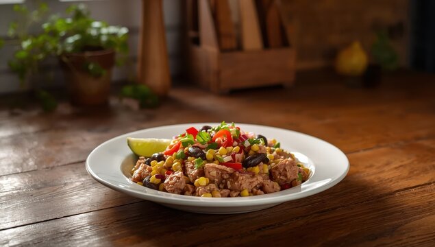 A light and healthy salad featuring tender tuna, kidney beans, sweet corn, and fresh veggies, presented simply. Mexican dish.