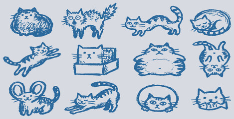 A collection of charming and whimsical hand-drawn cat illustrations in various poses and expressions, rendered in a blue sketch style. © Riki