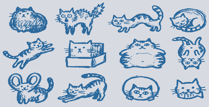 A collection of charming and whimsical hand-drawn cat illustrations in various poses and expressions, rendered in a blue sketch style.