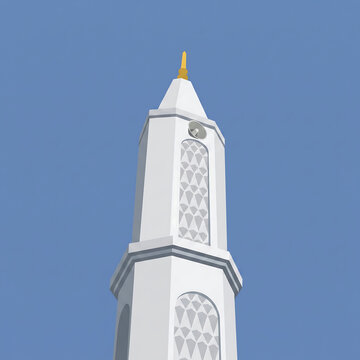 Tall white mosque minaret tower under clear blue sky illustration