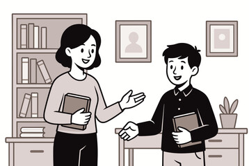 Obraz premium Female school teacher giving a book to a young male student in a classic library with wooden bookcases in sepia tone.