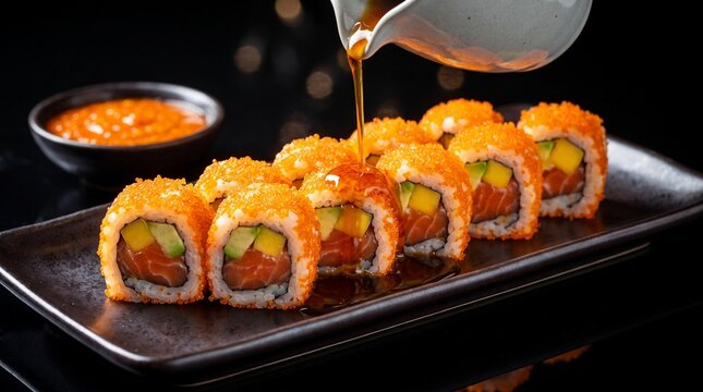 Close-up of fresh California sushi rolls with salmon and avocado being drizzled with sauce on a dark plate