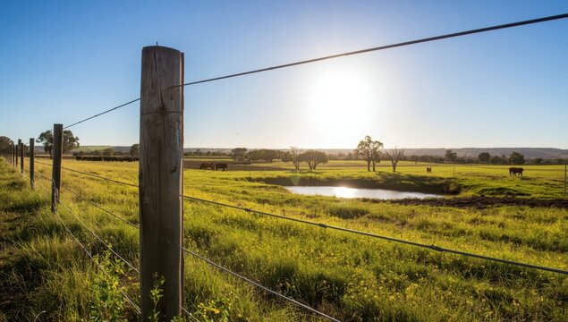 electrified wire barrier on a timber post fence at an Australian farm