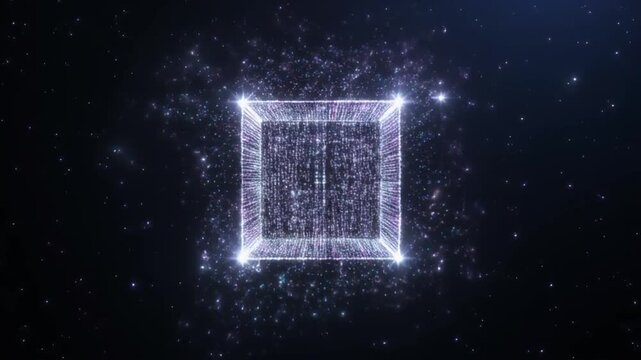 Abstract Glowing Particle Cube Rotating in Deep Space