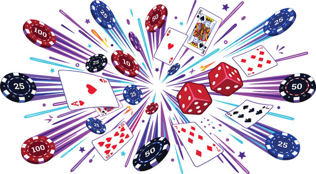 Dynamic casino jackpot explosion vector background with flying poker chips red dice playing cards and vibrant neon speed lines isolated on white.