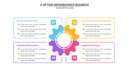 Naklejka premium 4 Step Gear Infographic Presentation Template with Editable Text on 16:9 Layout
