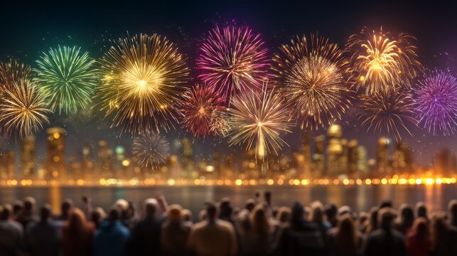 Colorful fireworks exploding over cityscape at night with crowd watching