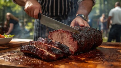 Naklejka na ściany i meble Freshly sliced, succulent smoked beef brisket on a wooden board at a barbecue. Close-up of tender meat with a charred exterior, illuminated by natural light for a rustic feel.