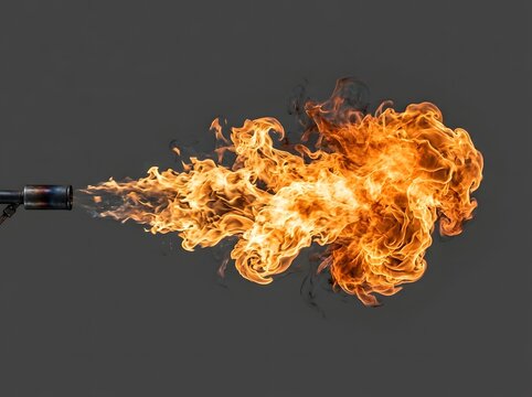 Flamethrower shooting massive burst of fire against gray background