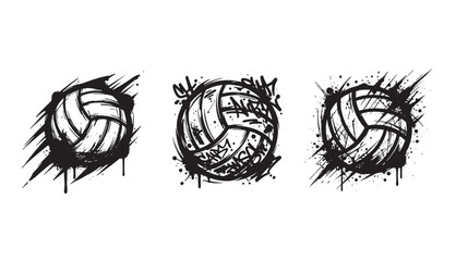 Obraz premium Set of three black volleyball with aggressive graffiti ink splatter and paint drip textures isolated on a white background, for sports