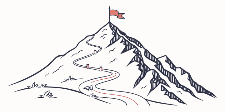 Mountain hiking trail with red flag marker, zigzag path, flat mountain trail hiking path