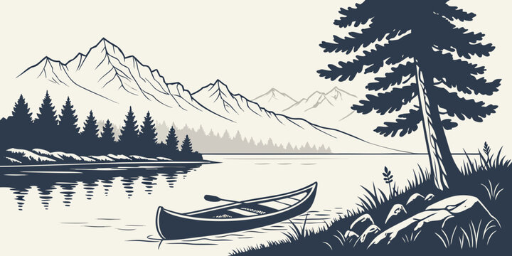 Serene mountain lake with pine trees and lone canoe, flat water reflection