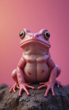 A vibrant pink frog with large, expressive eyes sits on a dark rock against a soft pink background, AI generated