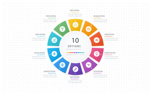 Vector circle infographic template with 10 options and icons. Colorful round diagram wheel for business presentation. Can be used for workflow layout, report.