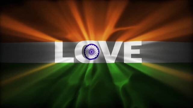 A Unique Cinematic text Love on black background with Indian flag vibes orange, white, green using celebrations events