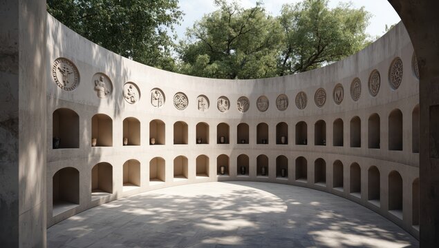 Columbarium in a cemetery featuring sealed niches for cremation urns as part of funeral services.
