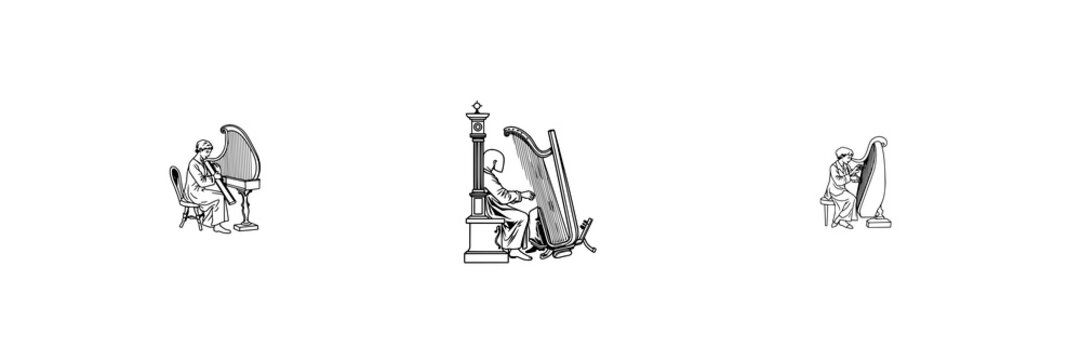 Harpsichord player set with continuous line drawing of a figure playing a harpsichord featuring baroque, minimalist, thin line with white background