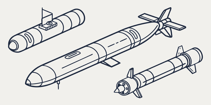 Black and white naval torpedo on white background, naval navy submarine military