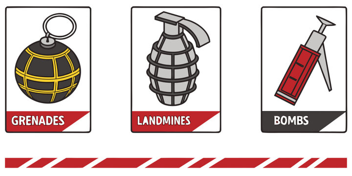 Military explosive devices: grenade, landmine, and bomb