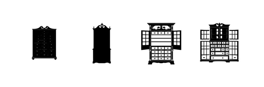 Apothecary cabinet set with solid black silhouette of Victorian style with many small drawers featuring furniture, icon, illustration with black background and white