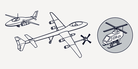 Black and white line of military attack drones, ua vs, and aircraft line military drone © Abu