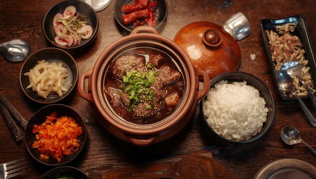 A clay bowl of soondae gukbap with rice and various side dishes like kimchi at Yeodongsik, a Korean eatery in Sydney.